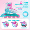 Adjustable blue and pink inline skates for kids, featuring light-up wheels and breathable mesh lining for comfort.