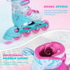 Adjustable kids inline skates in blue and pink with breathable padded lining and light-up wheels for fun skating.
