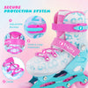 Adjustable inline skates in blue and pink with secure buckles, laces, and light-up wheels for fun and safety.