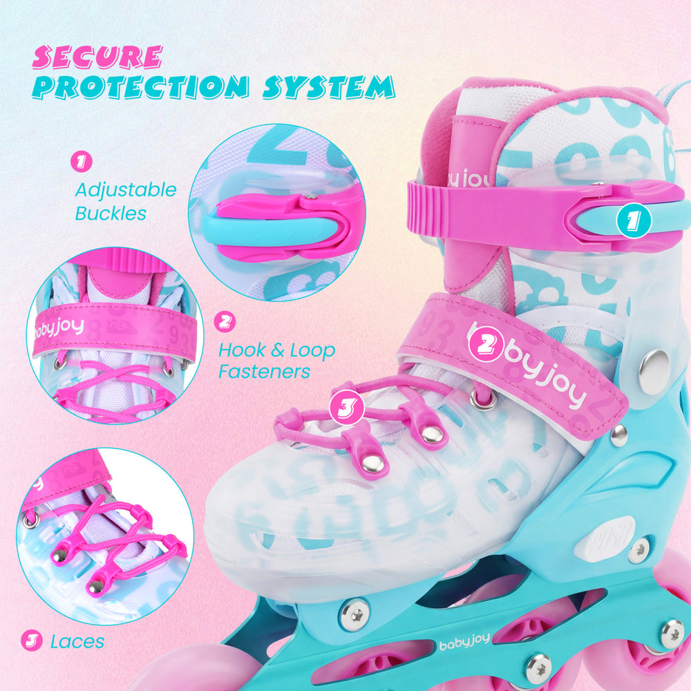 Adjustable inline skates in blue and pink with secure buckles, laces, and light-up wheels for fun and safety.