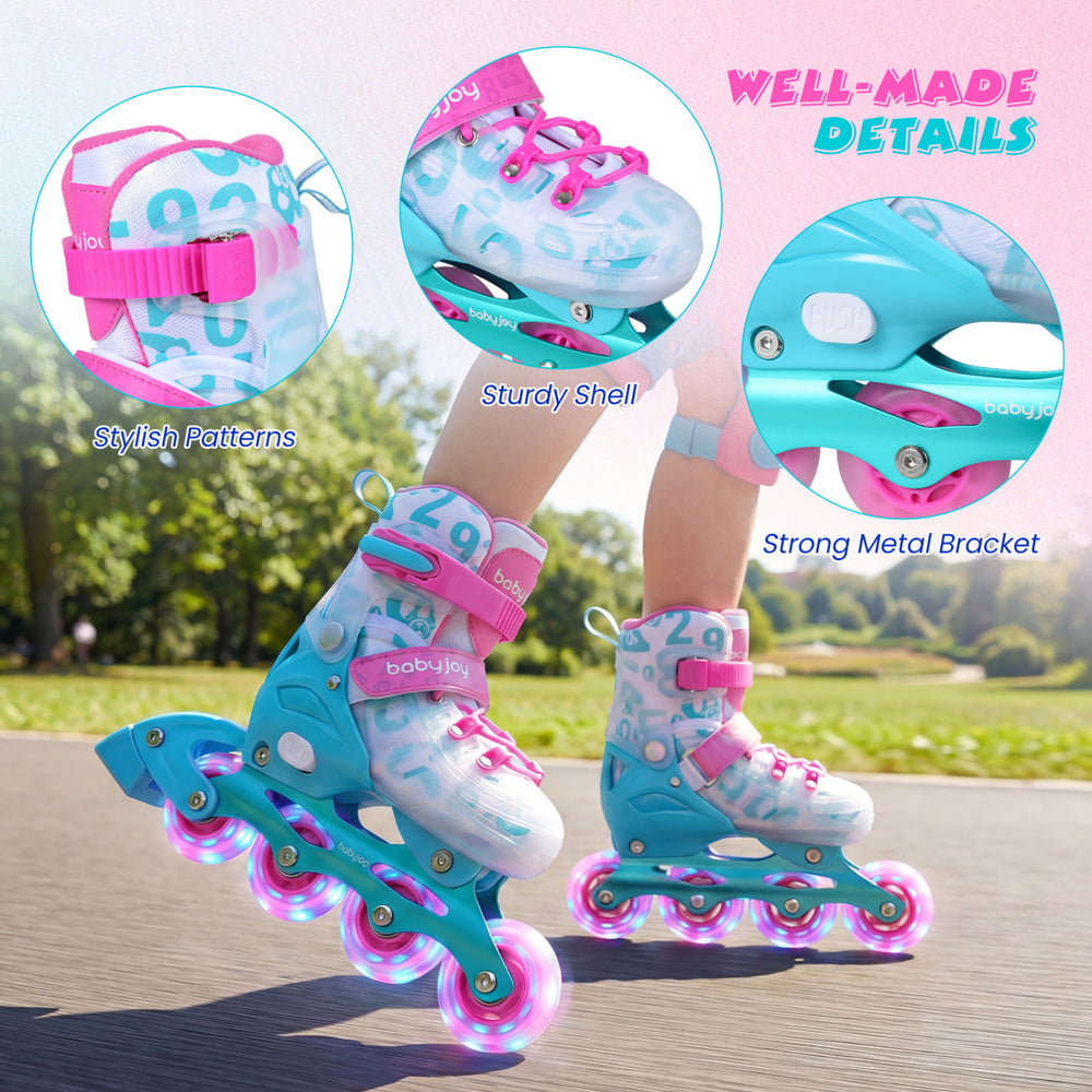 Adjustable blue and pink kids inline skates with light-up wheels, featuring a sturdy shell and stylish patterns for fun.