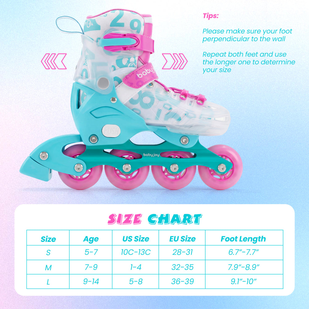 Adjustable kids inline skates in blue and pink with light-up wheels, featuring breathable mesh lining and secure ankle.