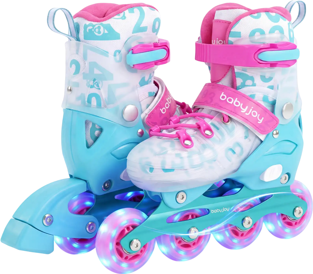 Adjustable blue and pink inline skates for kids with glowing LED wheels, designed for beginners aged 5-7.