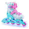 Kids inline skates in blue and pink with adjustable size, glowing LED wheels, and breathable mesh lining for comfort.