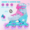 Adjustable blue and pink inline skates with light-up wheels, ABEC-7 bearings, and breathable mesh for kids ages 5-7.