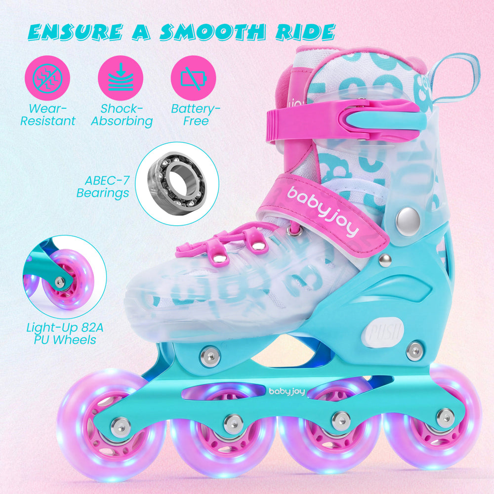 Adjustable blue and pink inline skates with light-up wheels, ABEC-7 bearings, and breathable mesh for kids ages 5-7.