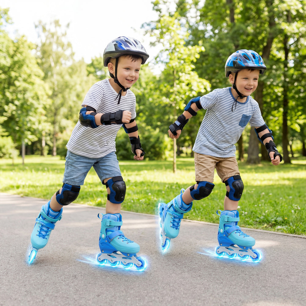 Two kids skating in a park wearing blue adjustable light-up inline skates, showcasing motion-activated LED wheels.