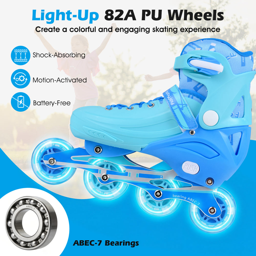 Adjustable blue inline skates for toddlers with light-up 82A PU wheels, featuring ABEC-7 bearings for smooth skating.