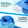 Close-up of the upgraded brake system on blue adjustable inline skates, enhancing safety for toddlers aged 5-7.