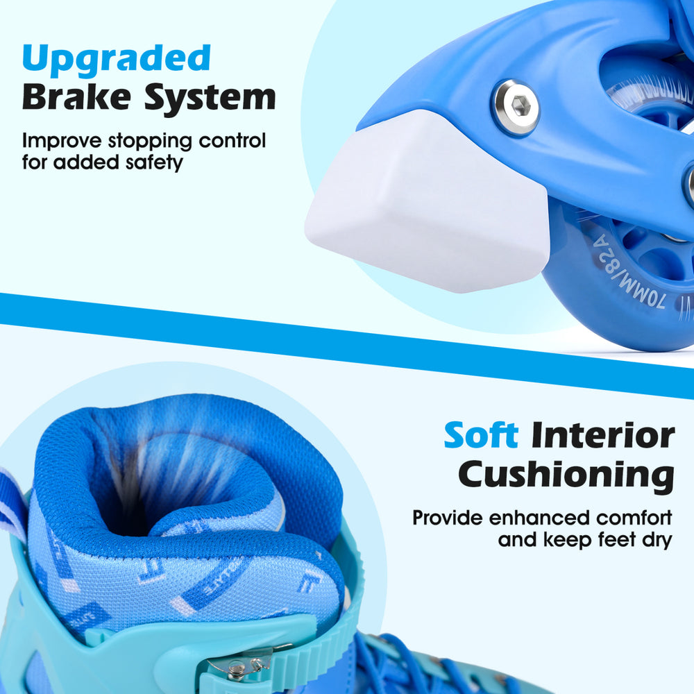 Close-up of the upgraded brake system on blue adjustable inline skates, enhancing safety for toddlers aged 5-7.