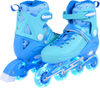 Adjustable blue inline skates for kids with light-up wheels, featuring secure ankle support and breathable mesh lining.
