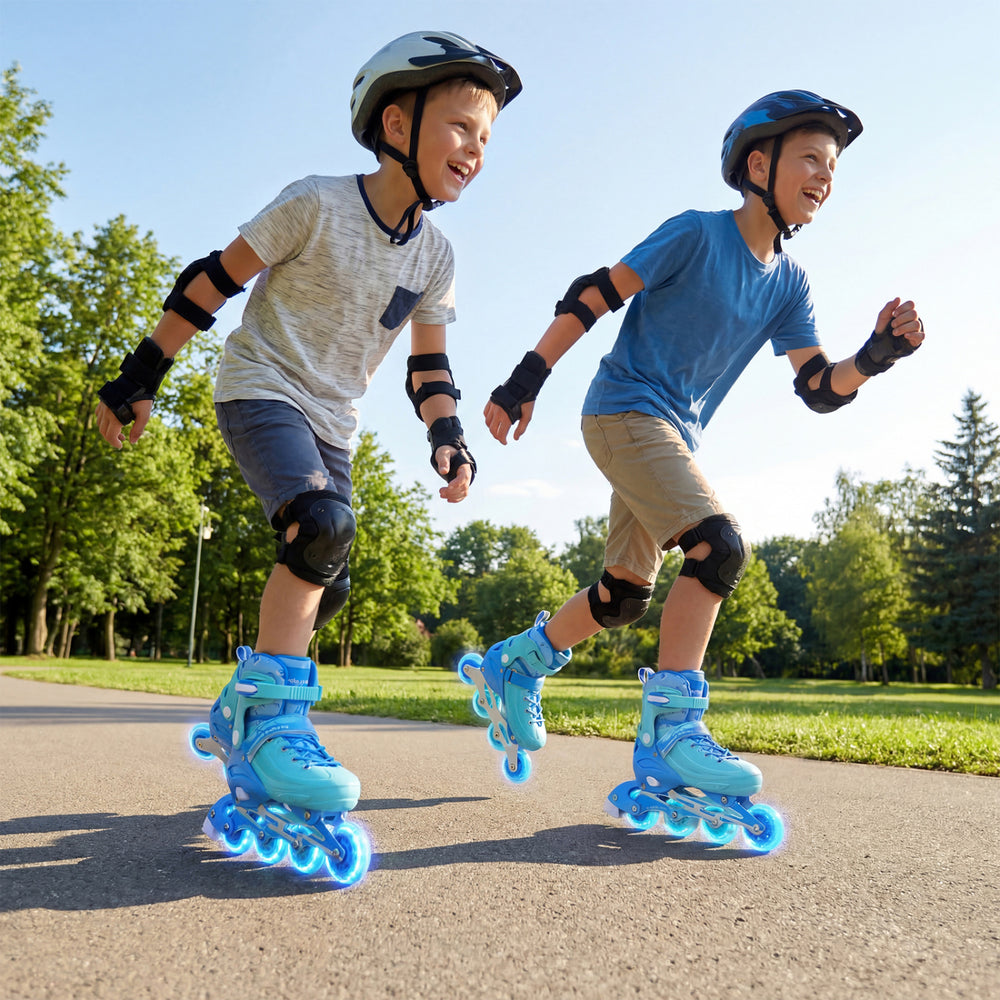 Two kids skating on adjustable blue inline skates with light-up wheels, enjoying outdoor fun in a park.