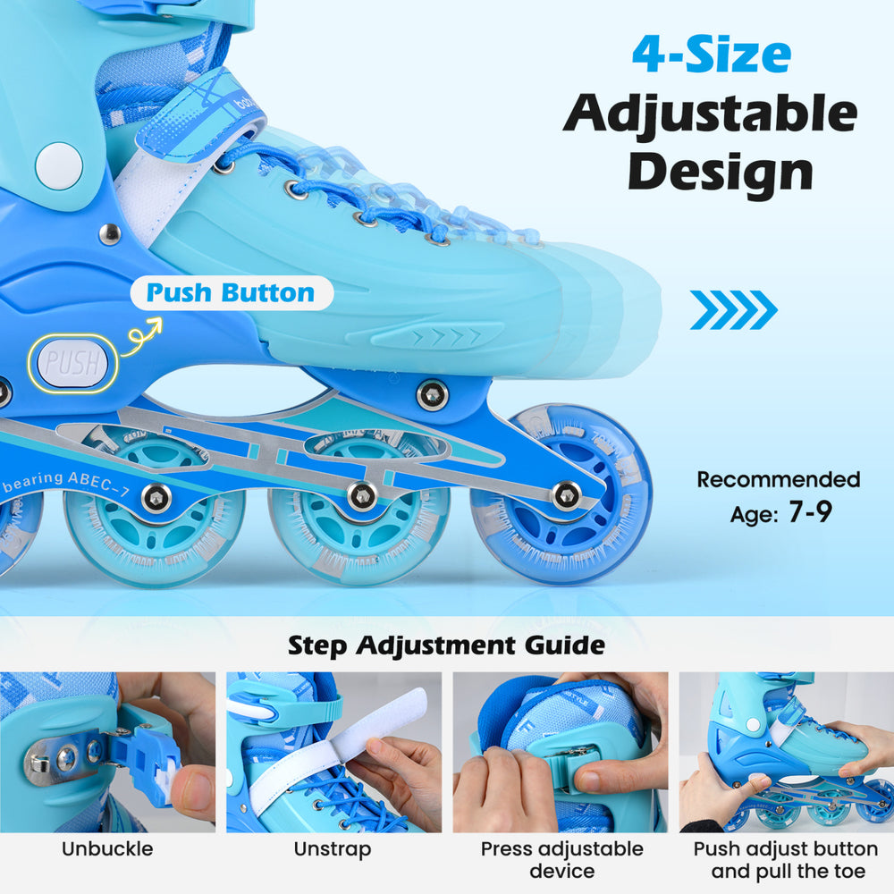 Adjustable blue inline skates for kids ages 7-9 with LED wheels, premium PU wheels, and secure ankle support.