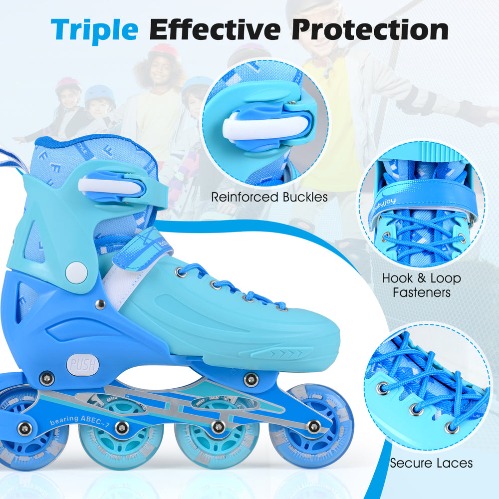 Adjustable blue inline skates for kids with light-up wheels, secure laces, and reinforced buckles for safety.