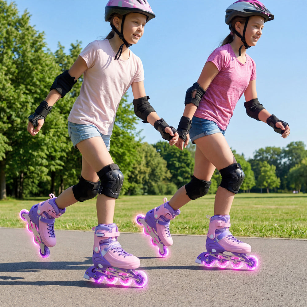 Two kids skating in purple adjustable inline skates with glowing wheels, perfect for ages 9-14, promoting balance and.