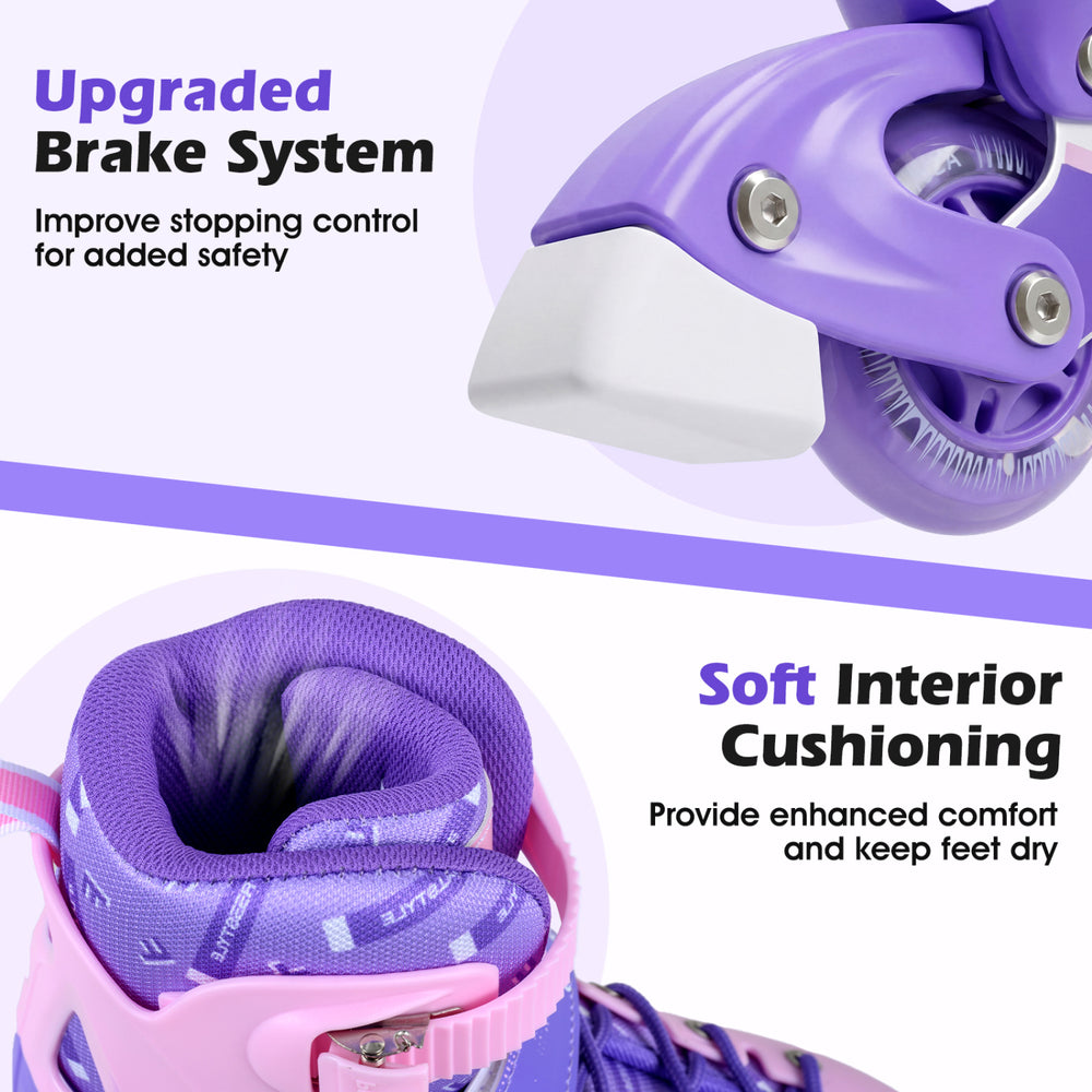 Close-up of the upgraded brake system and soft interior cushioning of purple adjustable inline skates for kids.