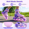 Purple adjustable inline skates for kids with light-up wheels, featuring a sturdy shell and strong metal bracket for.