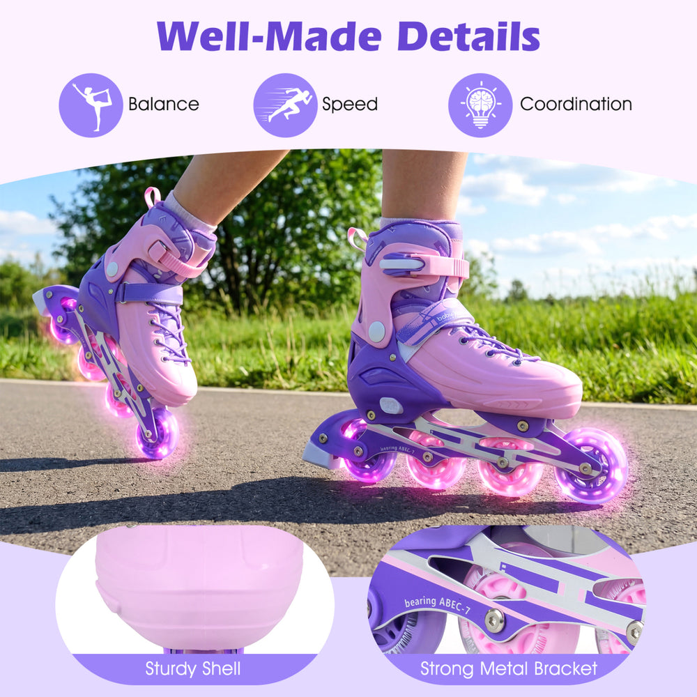 Purple adjustable inline skates for kids with light-up wheels, featuring a sturdy shell and strong metal bracket for.