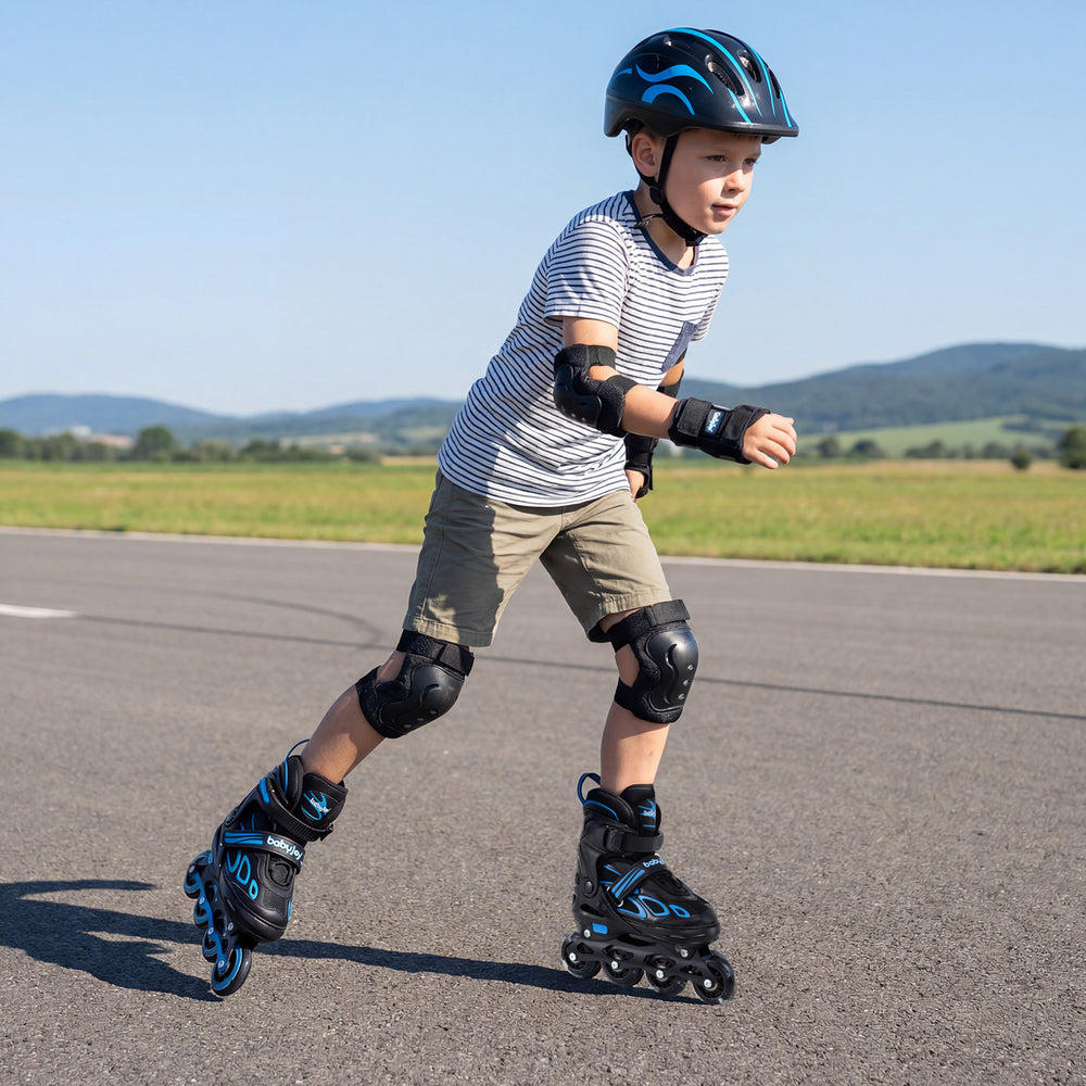Youth in blue adjustable roller skates with light-up wheels, showcasing safety gear on a smooth outdoor surface.