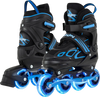 Adjustable youth roller skates in blue with light-up wheels, featuring safety straps and durable PU wheels for smooth.