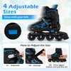 Adjustable blue roller skates with light-up wheels, featuring 4 sizes, breathable material, and triple safety.