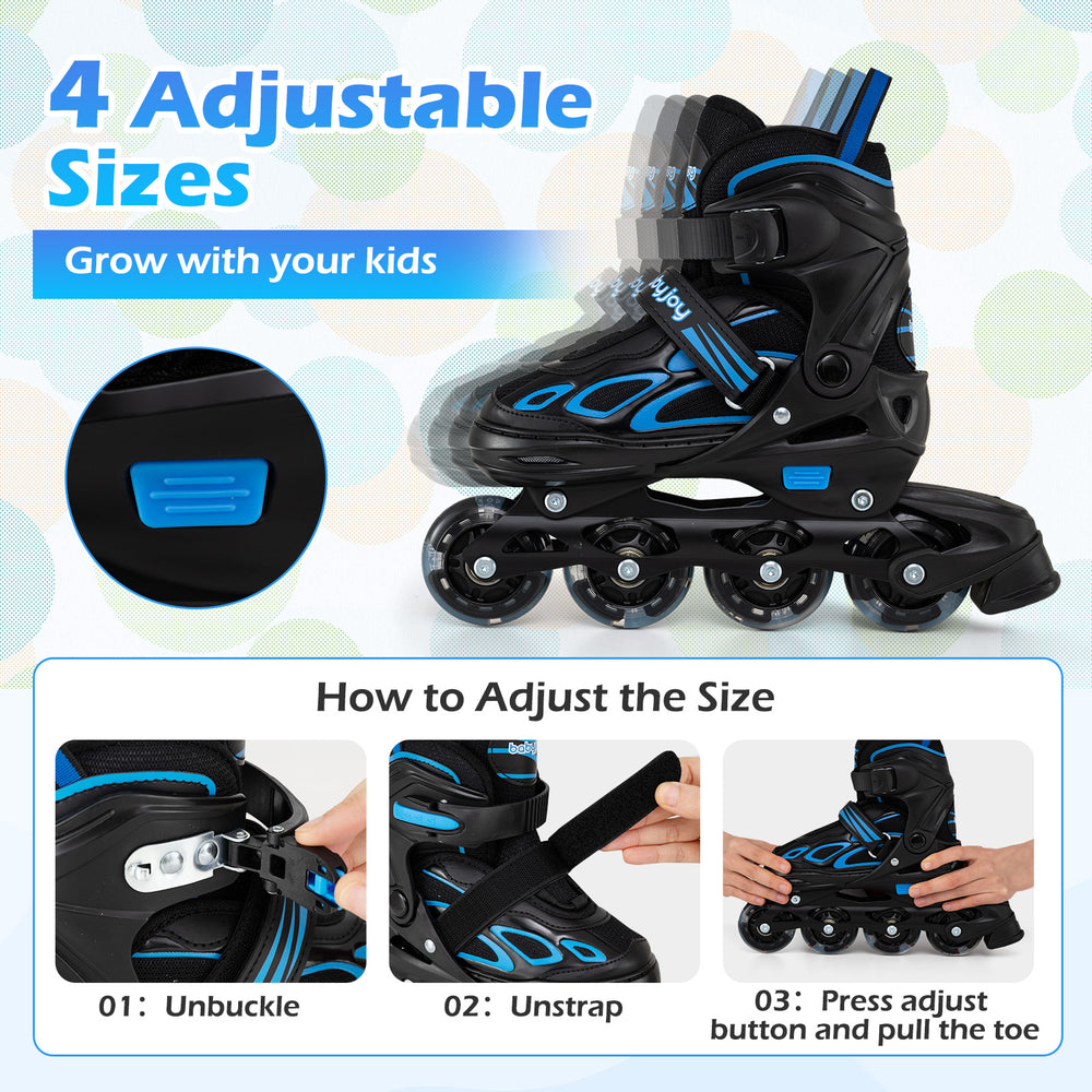 Adjustable blue roller skates with light-up wheels, featuring 4 sizes, breathable material, and triple safety.