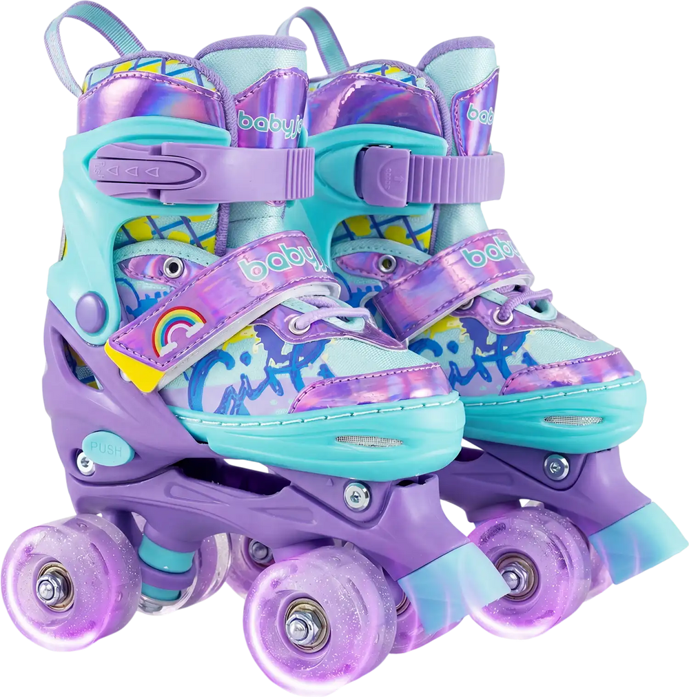 Adjustable purple kids roller skates with light-up wheels, featuring colorful graffiti and triple safety protection.