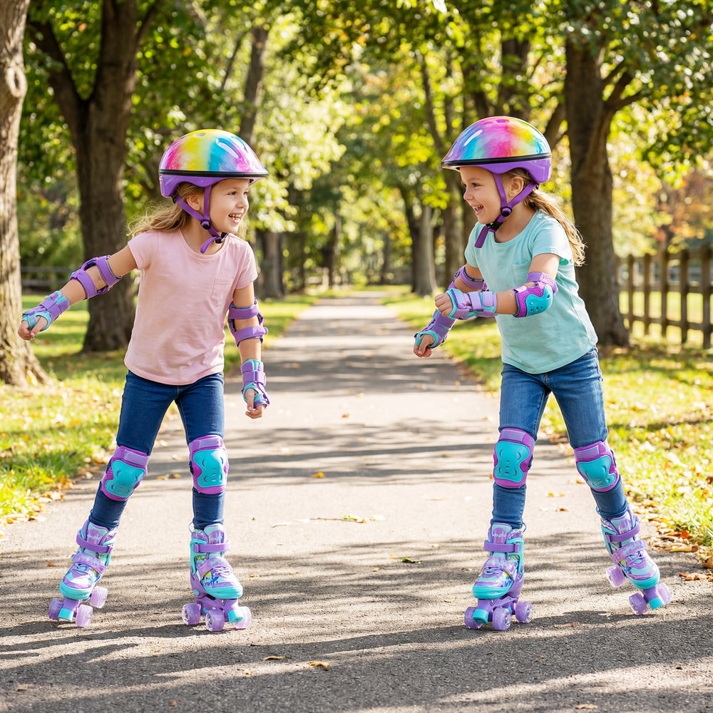 Two kids wearing adjustable purple roller skates with light-up wheels, enjoying a fun day outdoors on a sunny path.