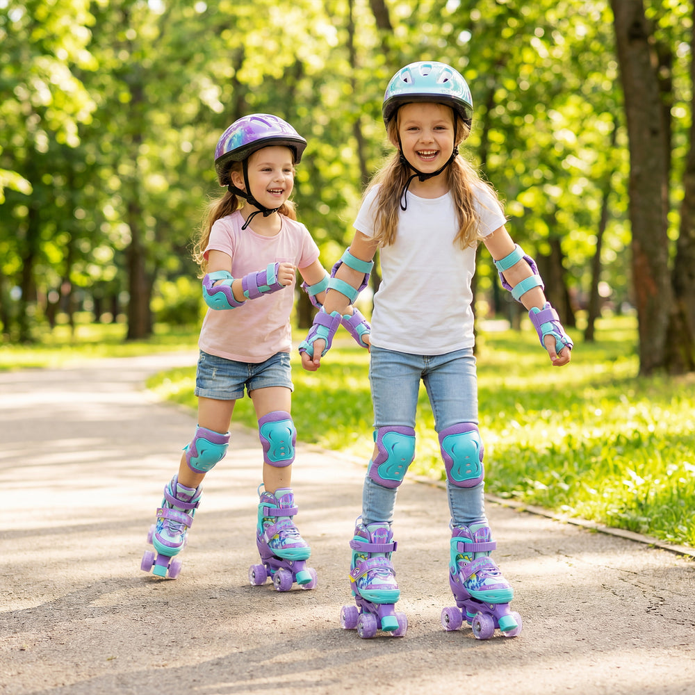 Two kids wearing purple adjustable roller skates with light-up wheels, enjoying a sunny day in the park.