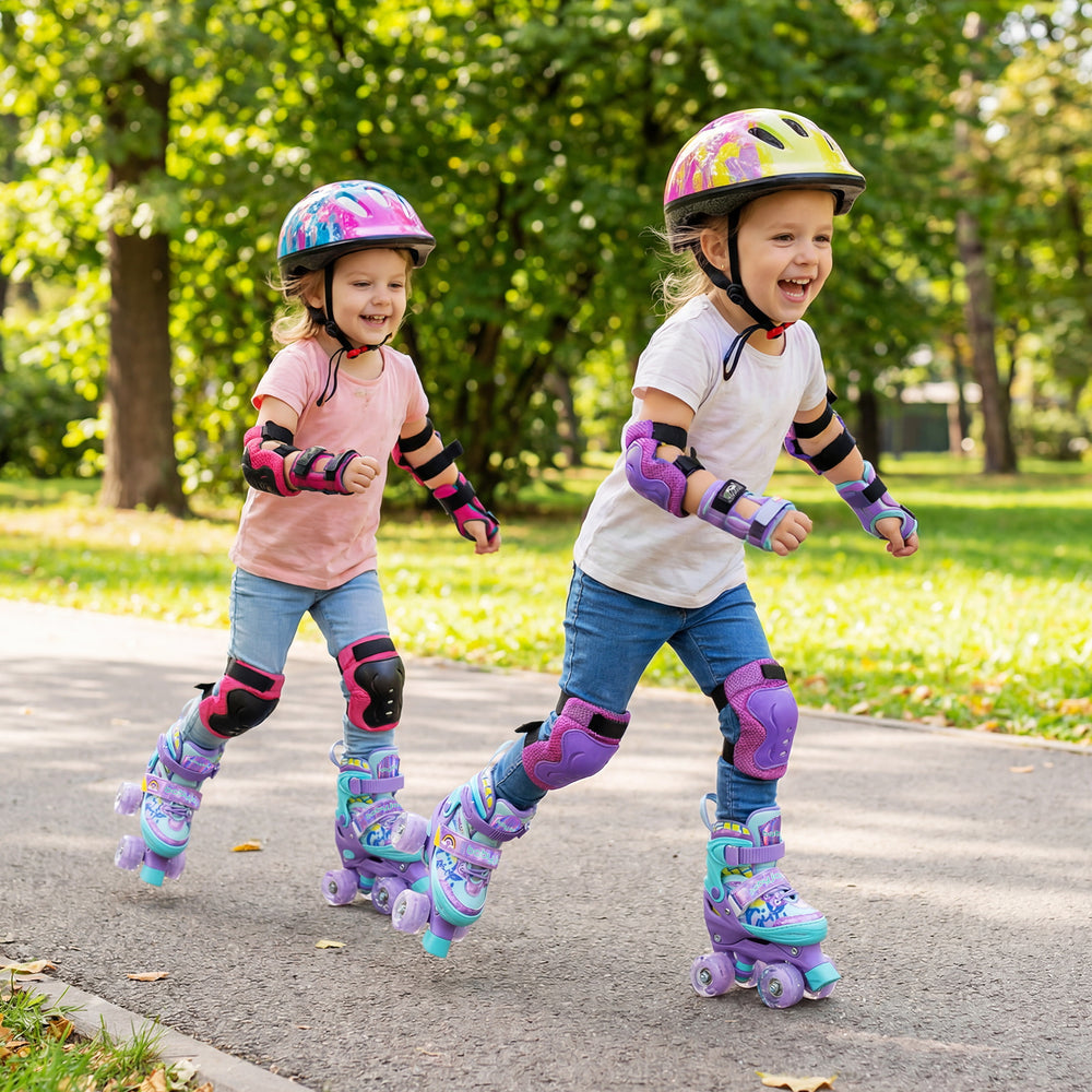 Two kids roller skating in adjustable purple skates with light-up wheels, enjoying outdoor fun and safety.