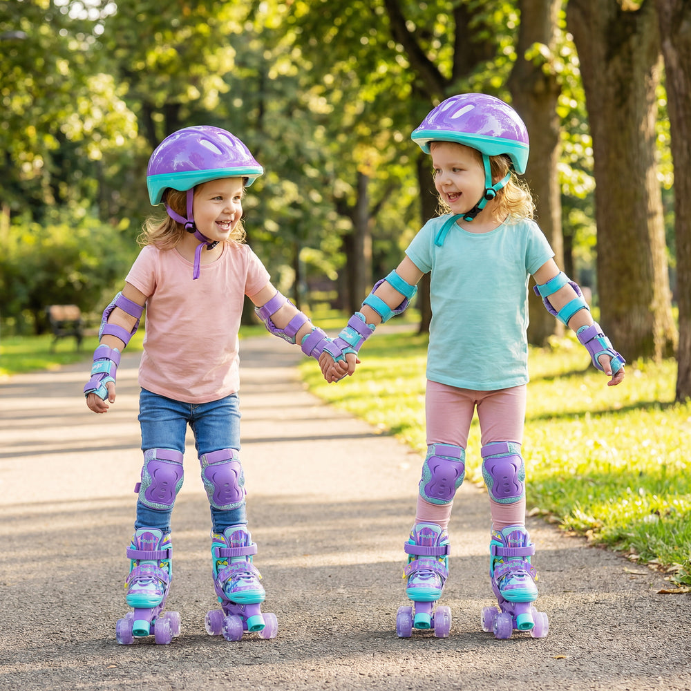 Two kids wearing adjustable purple roller skates with light-up wheels, enjoying a sunny day outdoors while holding.