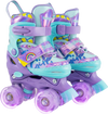 Adjustable kids roller skates in purple with light-up wheels, featuring safety straps and colorful graffiti design.
