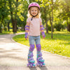 Kids roller skates in purple with light-up wheels, adjustable sizes, and safety gear for fun outdoor skating.