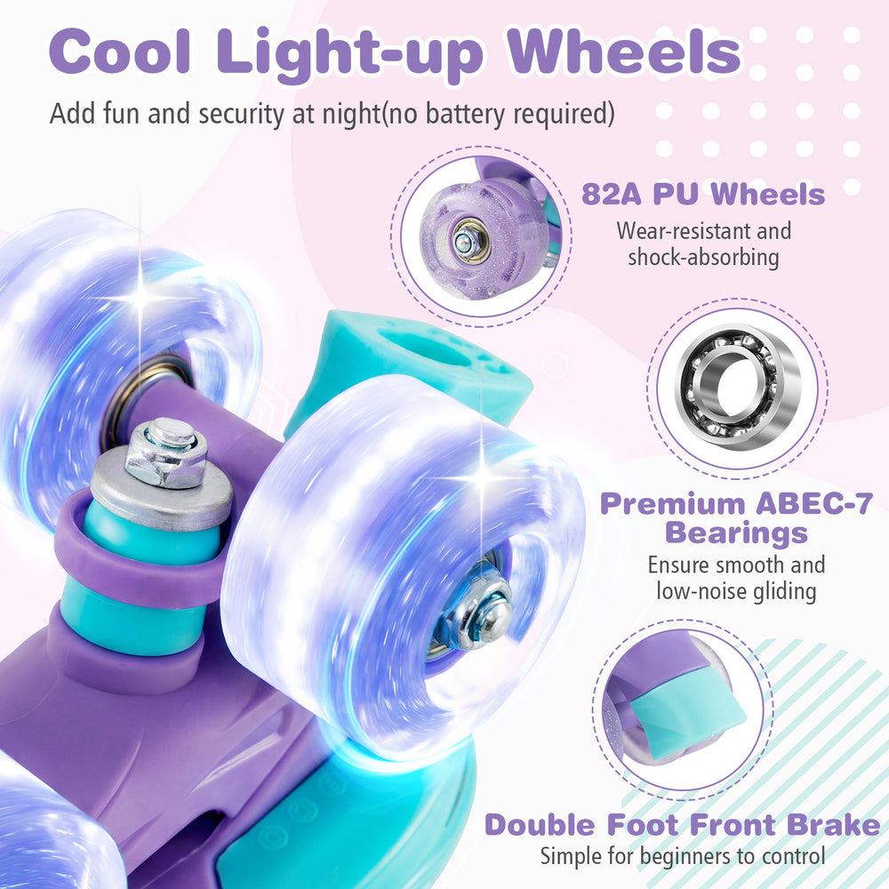Adjustable purple kids roller skates with light-up wheels, 82A PU material, and double foot front brake for safety.