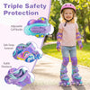 Kids roller skates in purple with adjustable sizes, light-up wheels, and triple safety protection for secure skating.