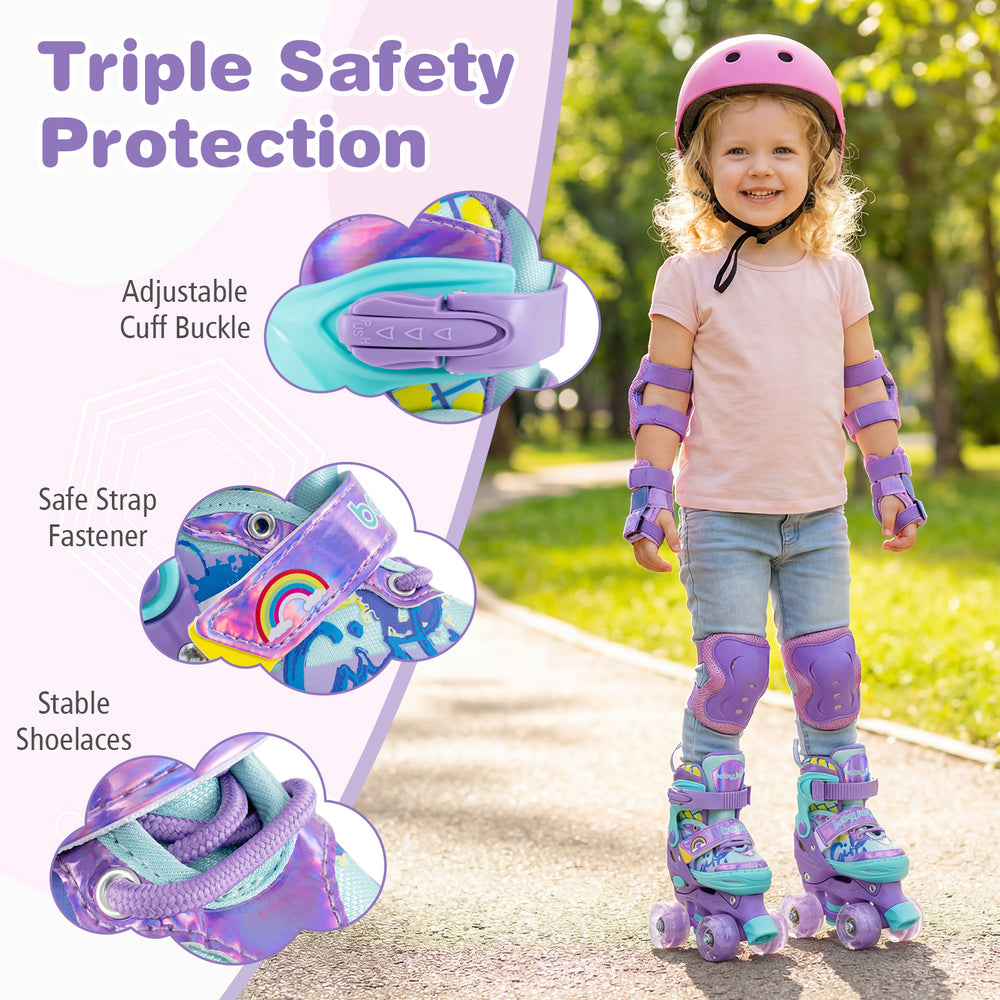 Kids roller skates in purple with adjustable sizes, light-up wheels, and triple safety protection for secure skating.