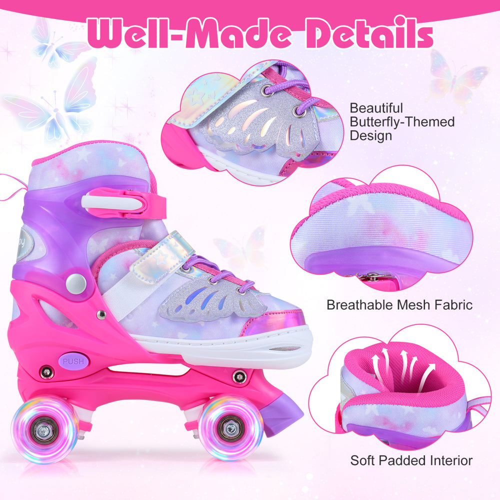 Adjustable kids roller skates in pink with butterfly design, featuring breathable mesh and light-up wheels for fun.