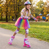 Colorful adjustable kids roller skates in pink with light-up wheels, perfect for outdoor fun and beginner skaters.