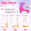 Size chart for adjustable kids roller skates in pink, showing sizes, age range, and foot length measurements.