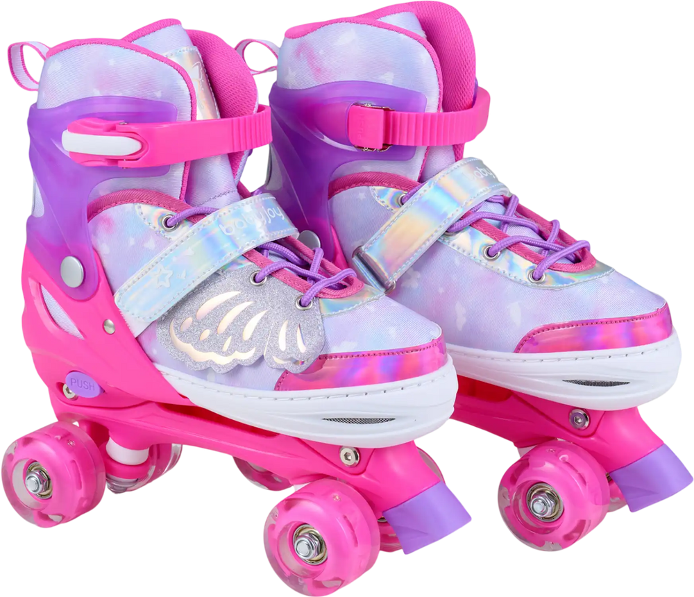 Adjustable kids roller skates in pink with butterfly design and light-up wheels, perfect for toddlers ages 9-14.