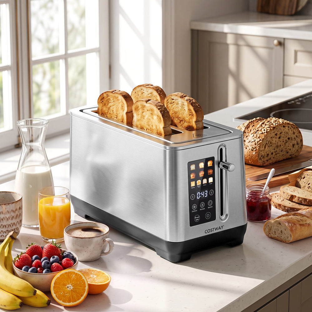 Toaster with a defrost button and easy-to-clean stainless steel design, ideal for quick and efficient breakfast prep.