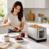 Stainless steel toaster with 6 browning levels and 4 bread types, perfect for effortless toasting and easy maintenance.