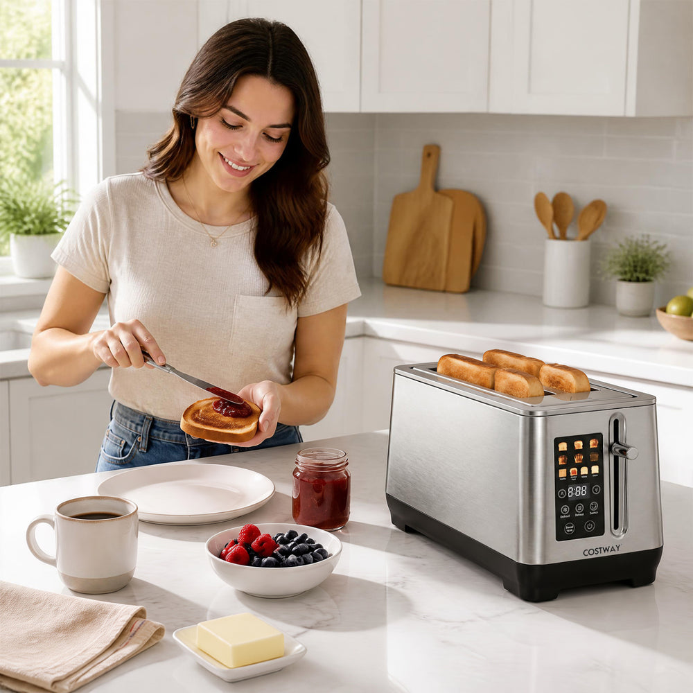 Stainless steel toaster with 6 browning levels and 4 bread types, perfect for effortless toasting and easy maintenance.