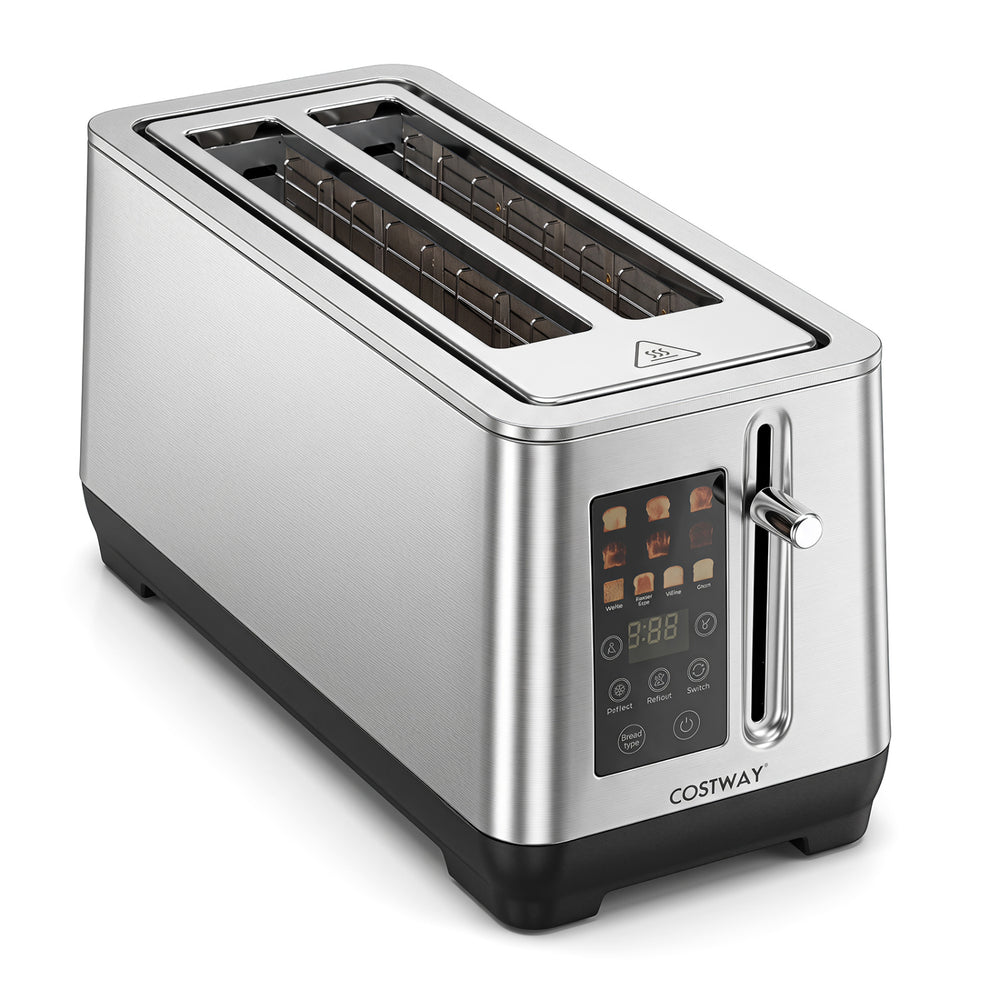 Stainless steel toaster with 6 browning levels and 4 bread types for customized toasting and easy maintenance.