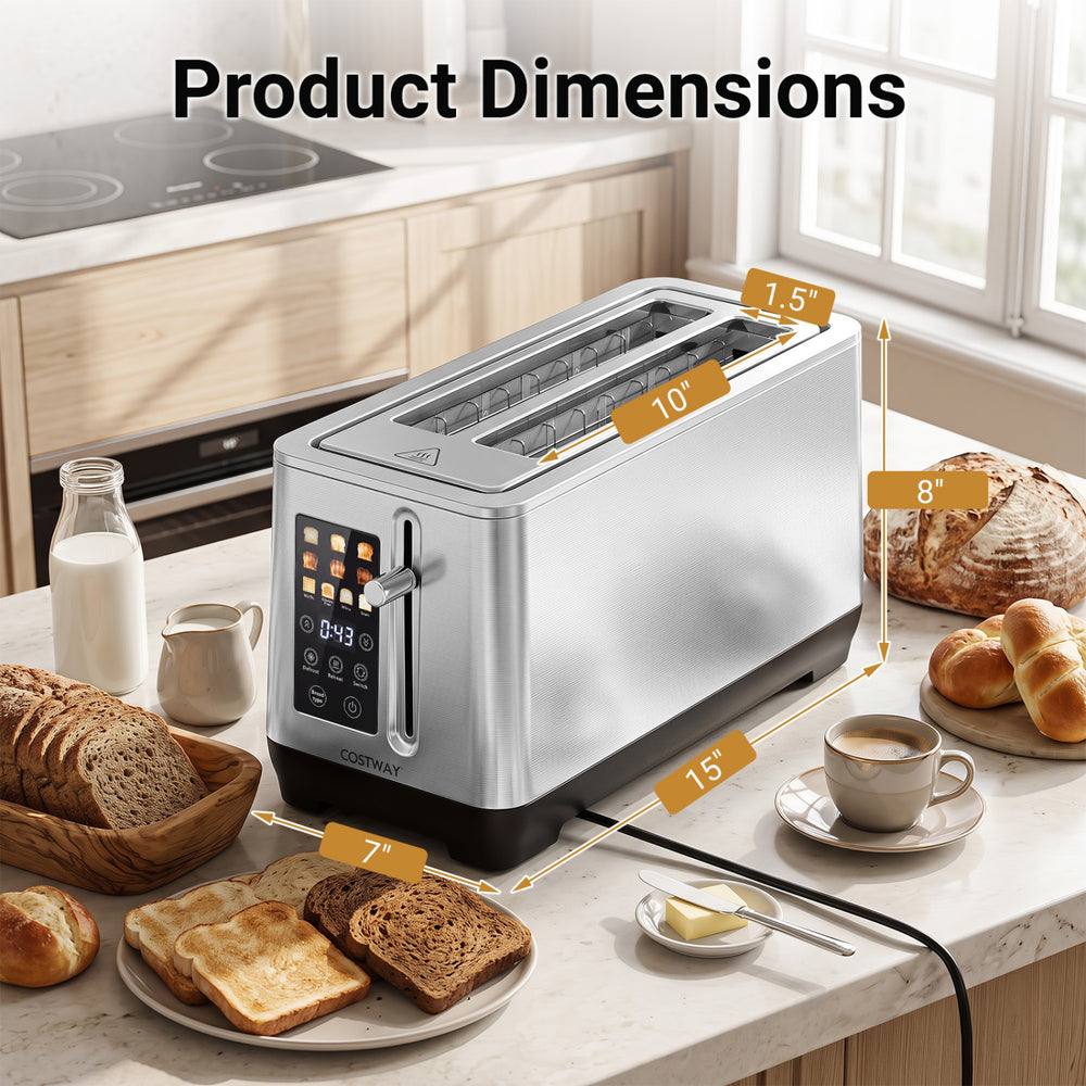 Toaster dimensions of 15x7x8 inches displayed with labeled measurements for precise countertop fitting and storage.