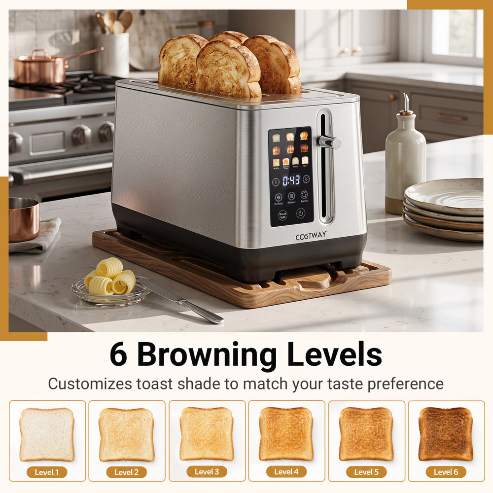 Toaster with 6 browning levels and 4 bread type selections, featuring an intuitive LED display for easy operation.