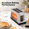 Stainless steel toaster with 6 browning levels and 4 bread types, featuring even heating and auto shutoff for safe use.