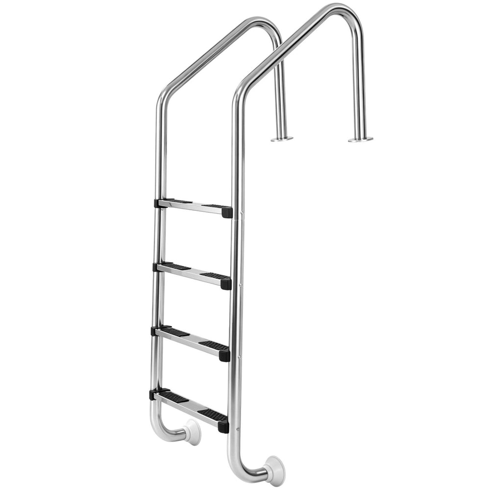 Stainless steel 4-step pool ladder with smooth polished surface and stable design, ideal for safe entry into in-ground pools.