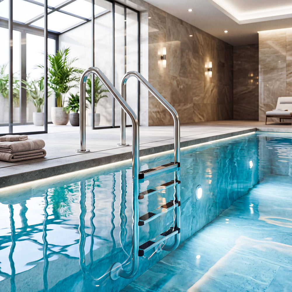 4-step stainless steel pool ladder with anti-skid steps and curved handrails, perfect for in-ground swimming pools.