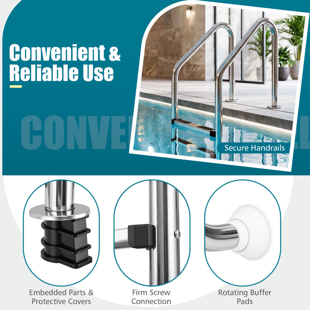 4-step stainless steel pool ladder with anti-skid steps and secure handrails, ideal for in-ground pools.